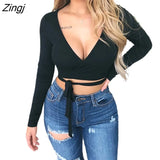 Women's Wrap Top Sexy Deep V Neck Knot Front Long Sleeve Basic Tee Strappy T shirt Tops Summer Casual Short