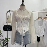 Court Wind Strapped With Waist Fish Bone Shirt Lace Shirt Back Waist To Take Short Top