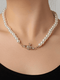 Planet Detail Faux Pearl Necklace-Outfit