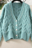 Women Knitted Sweater Autumn Winter Long Sleeve V neck Jumper Fashion Sweet Beaded Cardigans Casual Streetwear