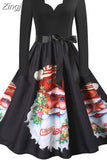 Dress Women Casual Vintage Patchwork Party New Year Santa Print Robe 50S 60S Rockabilly Swing Elegant Winter