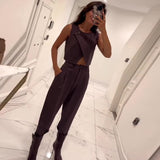 Zingj Summer New Solid Color Round Collar Button Top Temperament Straight Pants Suit Women-Outfit