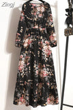 Print Long Dress Women Lantern Long Sleeve High Waist Elegant Party Dress Ladies Casual Spring Summer Beach Maxi