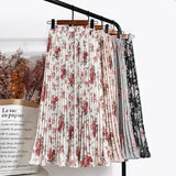 Women 2023 High Waist Floral Print Mid Calf Long Pleated Skirt Girls Summer Vintage Elegant Chiffon Midi