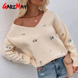 Winter Women's V Neck Sweater Flower White Long Sleeve Warm Knitted Sweater Women Green Embroidered Sweater for
