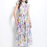 Slicing Hollow Lace Splicing Small Flying Sleeves To Close The Belt With Thin Temperament Single-Drace Printed