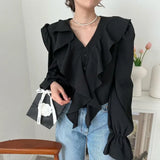 Zingj Update Chic Fall French Temperament V Neck Flounce Horn Sleeve Design Sense Versatile Shirt Top-Outfit