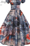 Dress Women Puff Sleeve Swing Vintage Dresses Robe Femme Elegant Floral Print Pin Up Party Dresses