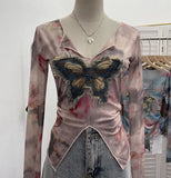 Shooting Amount Of Bumpy Tulle Spliced Denim Butterfly Design Sunscreen Coat V Collar Short T-Shirt