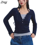 Sleeve T-shirts Women Simple Vintage Slim Patchwork Designed Cropped Office Ladies BF Streetwear All-match Casual Tops