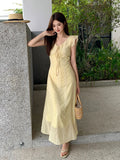 Xixi 2025 Summer New Korean Version Of High-Waisted Vacation Sleeveless Dress V-Neck Print Pure Desire Skirt