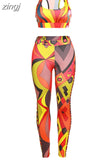 Colorful Print Women Two Piece Tracksuit Set Sleeveless Bare Midriff Top+High Waist Leggings Matching
