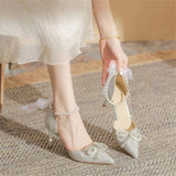 Women 2025 Summer New Pointed Fine Thin-Shoe Butterfly Wedding Shoes Ribbon Pearl Chain Hollow