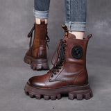 Layer Of Cowhide Autumn And Winter Plus Velvet Warm New Baibian Cake Bottom Cylinder Zipper Locomotive Boots Martin Boots