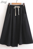 Women Skirt Summer Korean Style Solid Elastic High Waist Midi Long Skirt With Belt Female Office Ladies