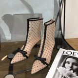 Korean-Style Sexy Pointed Mesh Polka Dot Breathable Hollow Bow Stiletto Ankle Boots for