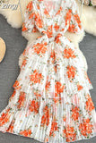 Women Floral Chiffon Draped Long Dress Vintage V-Neck Short Puff Sleeve High Waist Ruffle Pleated Vacation Beach Robe