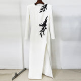 Star Temperament Dress Embroidered Nails Flowers Long Sleeve Open Fork Long