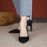Women 2025 New Summer Black Fine Tip Pointy Light Mouth Velvet Career Hitchhed Temperament Single-Shoe