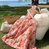 Zingj Photo Summer Embroidered Red Lily Flower Wings Hanging Neck Back Dress