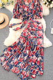 Pink/Blue Floral Print Chiffon 2pcs Set Women Summer Bandage Short Tops + High Waist Mermaid Skirt Female Sets 2023