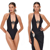 2025 New Solid-Color Swimsuit Women Feel Deep V-Loand Back Half Dress
