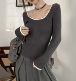 Contrast Color Trim Slim Long Sleeve Knit TopOutfit