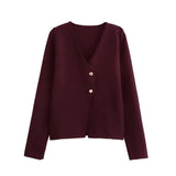 Women's Clothing Pure Color V-Neck Gold Buckle Decorated Long-Sleeved Knitted Shirt