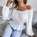 Wind Shooting Autumn And Winter New Sexy Word Collar Under The Shoulder Hem To The Leaves Of The Chiffon Shirt Women's
