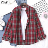 Plaid Shirt Autumn Harajuku Long Sleeve Womens Blouses And Tops Loose Cotton Button Checked Lady Shirt Outwear Spring