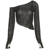 Zingj 2023 New Women's Solid Color Fashion Diagonal Shoulder Sexy Perspective Slim Wooden Ear Long Sleeve T-Shirt-Outfit