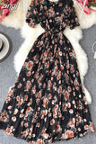 Bohemian Vacation Chiffon Long Dress Women Black/Blue/Pink/Beige Pleated Vestidos Female Ruffle Robe 2023 New
