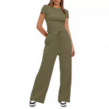 Suit Folding 2025 New Solid Short-Sleeved Top High-Rise Broad Leg Pants
