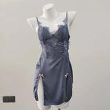 Lace Open-Forked Bow Pajamas 2025 New Sexy Thin Sling Ice Ribbon Women's Sleeping Skirt With Chest