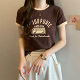 Zingj Summer New Sweet Hottie Girl Bump Color Round Collar Short Style On The Clothes Design Sense Shows Thin Students Short-Sleeved T-Shirt