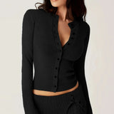 Zingj Retro Solid Color Simple Casual Sweater Women's New Slim Round Collar Single Breasted Pleated