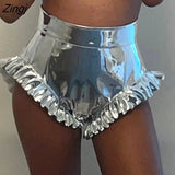 Women’s Solid Color Shiny Metallic Shorts Summer High Waist PU Leather Ruffle Trim Short Pants