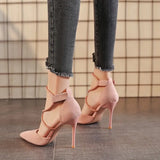 High Heels Women 2025 Autumn New Word Cross With Roman Sandals Velvet Fine Heel High Heels Women's