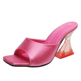 Zingj High Heel Slippers Female Summer Square Head Solid Color A Word Wear Fashion Versatile Ladies Large Size