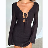 Women's New Knitted Tying Dress With Long Sleeves And Hip Mini