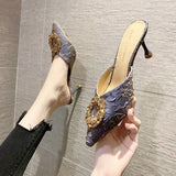 Women Wear Half-Slippers Women 2025 New French Water Drill High Heels Thin Heel Head Cool Drag