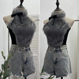 Bow Decorative Hair Splicing Elastic Hanging Neck Vest Outside Wearing Hairy Short Grinding Coat