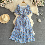 Women Floral Lace Midi Dress Vintage Square Collar Short Sleeve High Waist A-Line Slim Flower Printed Vestidos