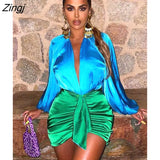 Sexy Deep V-neck Satin Two Piece Set Women Long Sleeve Top Short Skirt Sets Matching Casual Partywear Winter Women