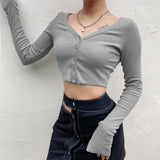 2025 Spring New Women's Sexy Pure Color V-Neck Knitted Top T-Shirt