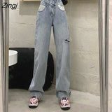 Women Hole Asymmetrical Denim Cool Girls Fashion Ulzzang Chic High Waist Washed Pocket Vintage Stylish All-match