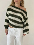Knit Striped Off-shoulder Sweater-Outfit