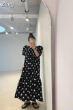Fashion Women Puff Sleeve Polka Dot Dress Casual Office Loose Black Dress Korea Ladies Womens Pullover Long Print