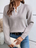 2025 New Fashion Lace V-Neck Sweater Solid Color Loose Long-Sleeved Knitwear