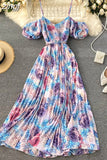 Summer Women's Spaghetti Strap Long Dress Bohemian Vacation Beach Party Pleated Vestidos Female New Fashion